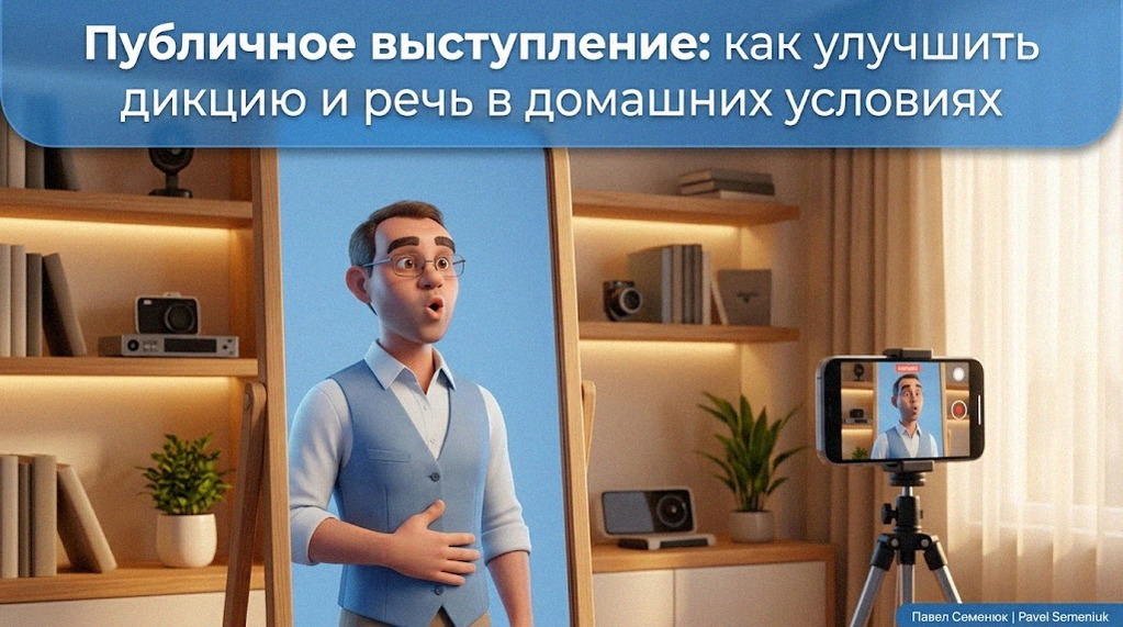 Мужчина в очках тренирует технику речи и диафрагмальное дыхание перед зеркалом в домашнем офисе