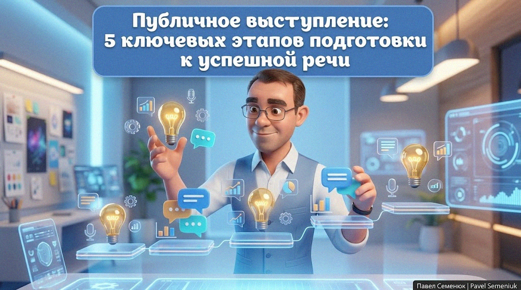Персонаж в стиле 3D-анимации структурирует идеи для публичного выступления за голографическим столом