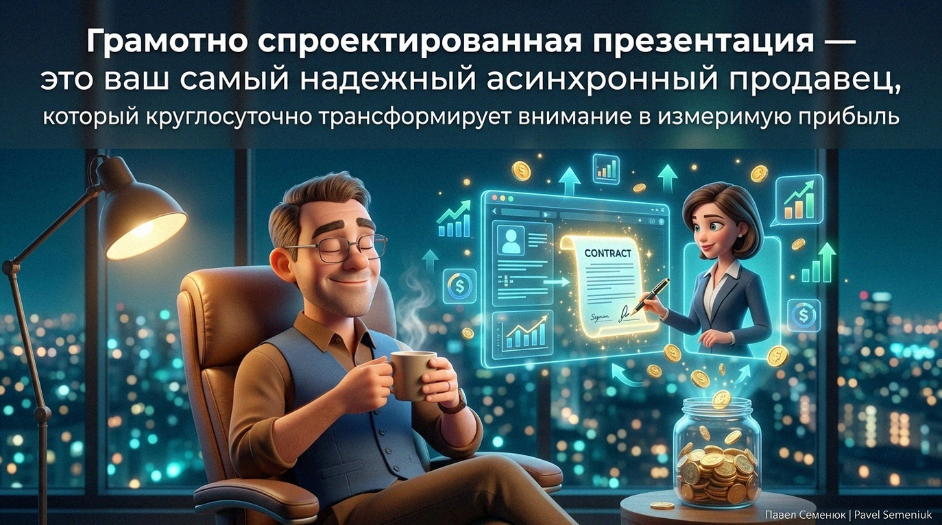 Презентации на заказ3D иллюстрация в стиле Pixar: мужчина в очках отдыхает в кресле, пока голографический экран автоматически заключает сделку с клиентом
