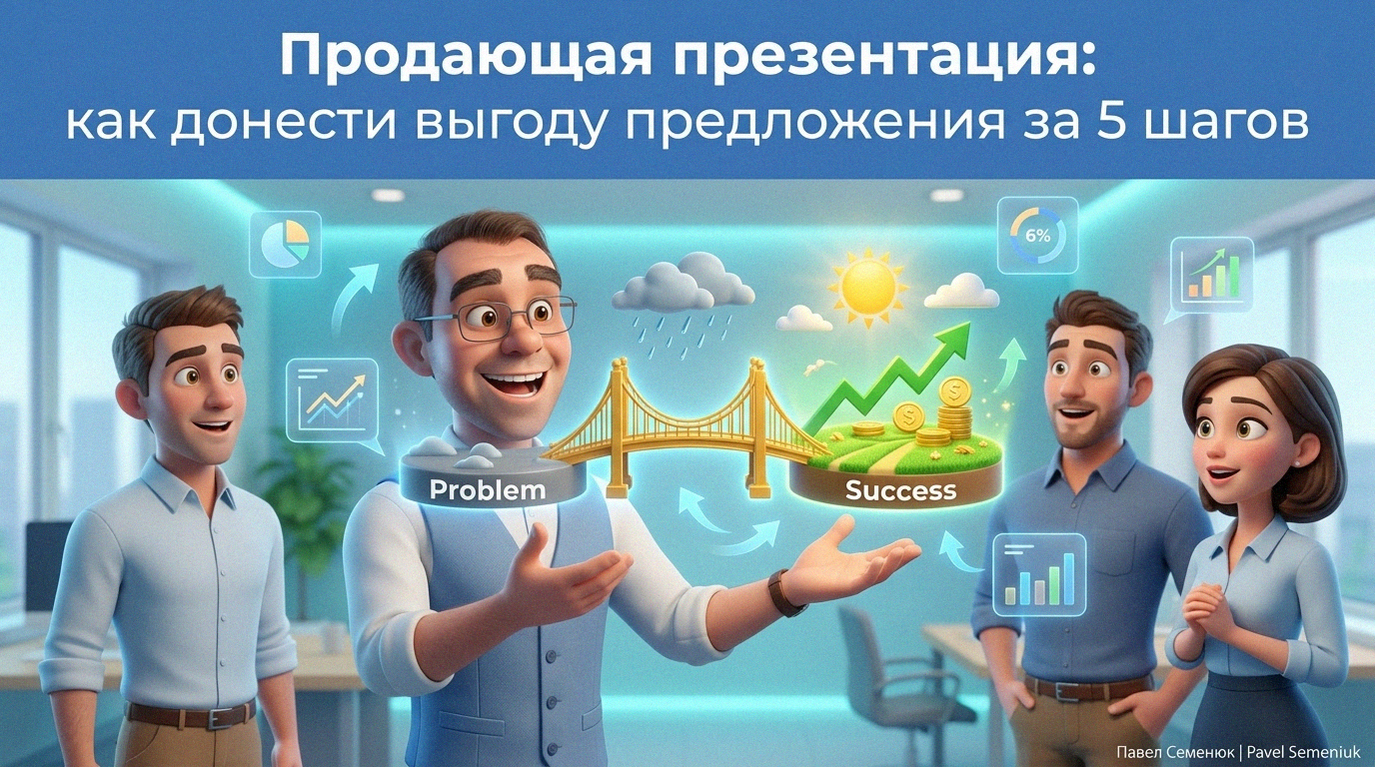 3D-иллюстрация эксперта, демонстрирующего голограмму золотого моста от проблем к успеху как метафору продающей презентации