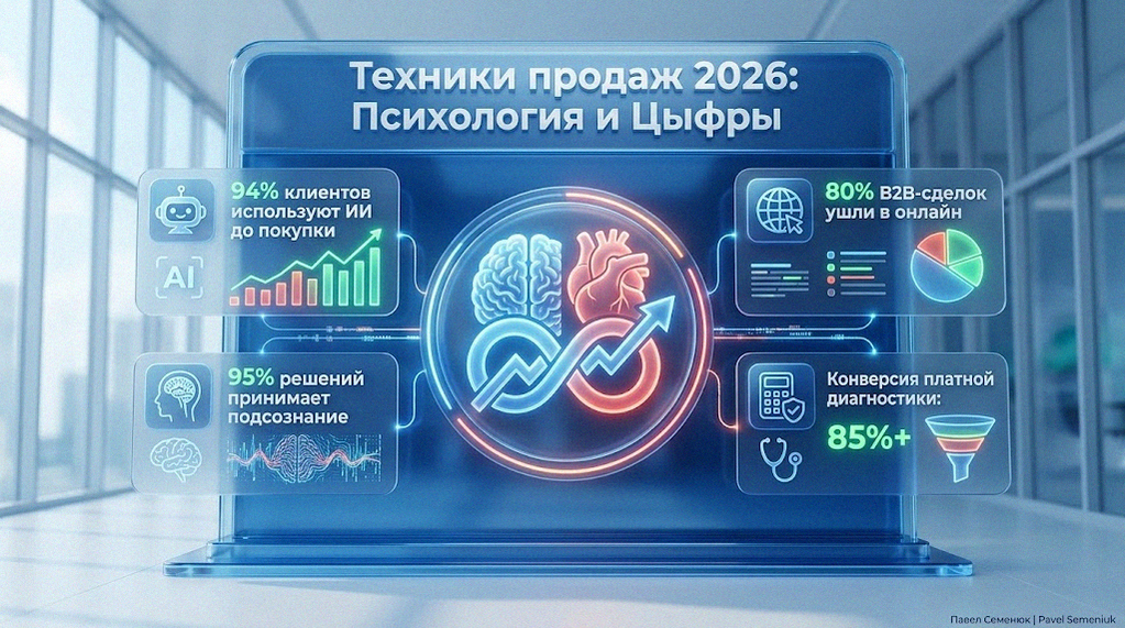 3D-инфографика с ключевыми показателями психологии продаж на 2026 год: влияние ИИ, онлайн-сделки и конверсия.