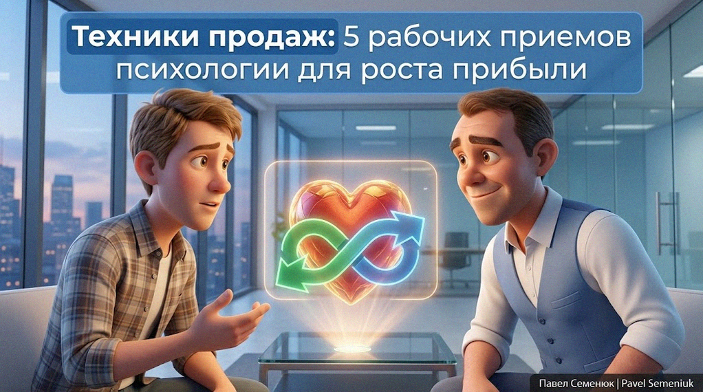 3D-иллюстрация в стиле Pixar: эксперт в голубом жилете ведет доверительную беседу с клиентом на фоне голограммы сердца и символа win-win в современном офисе.