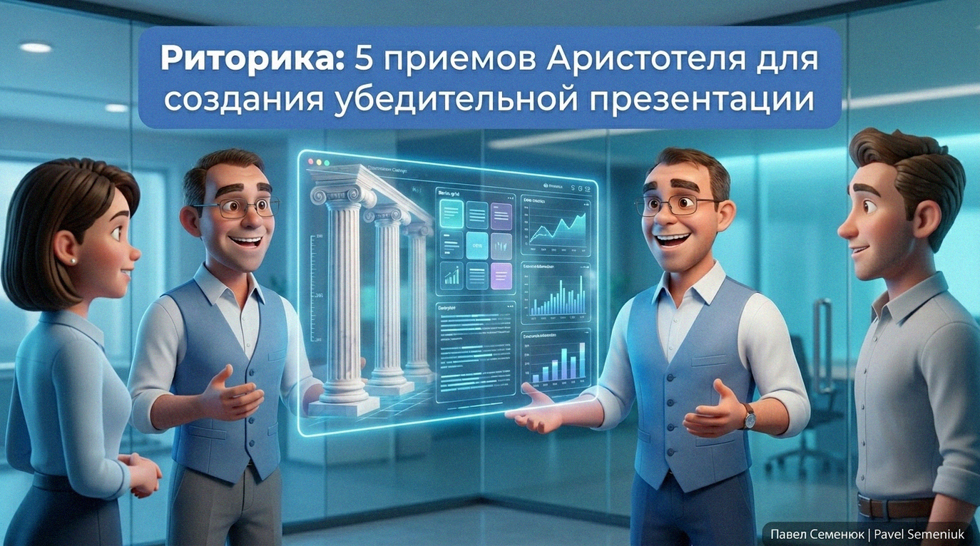 3D-персонаж в современном офисе презентует идеи на голографическом экране с античными колоннами и цифровыми графиками, иллюстрируя методы убеждения Аристотеля.