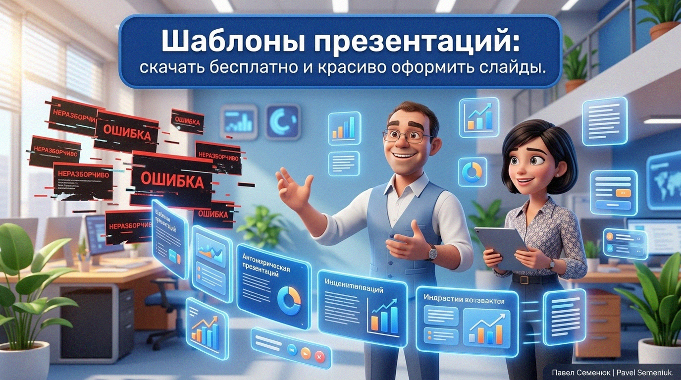 Мужчина и женщина в современном цифровом пространстве создают презентацию, заменяя хаотичные элементы на аккуратные светящиеся 3D-шаблоны