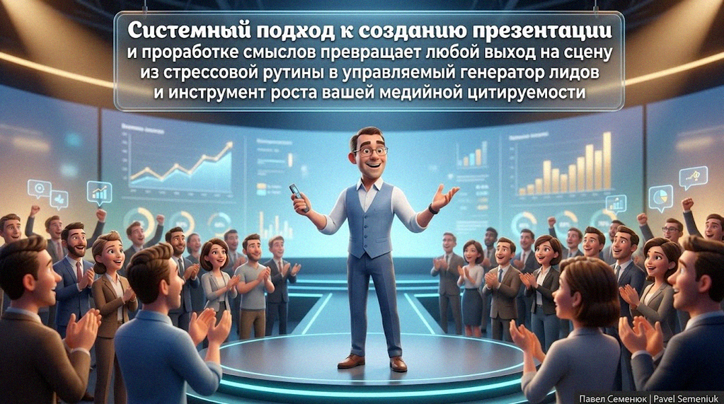 Презентации на заказМужчина в 3D стиле выступает на футуристичной сцене перед аплодирующей аудиторией с текстом о системном подходе к презентациям