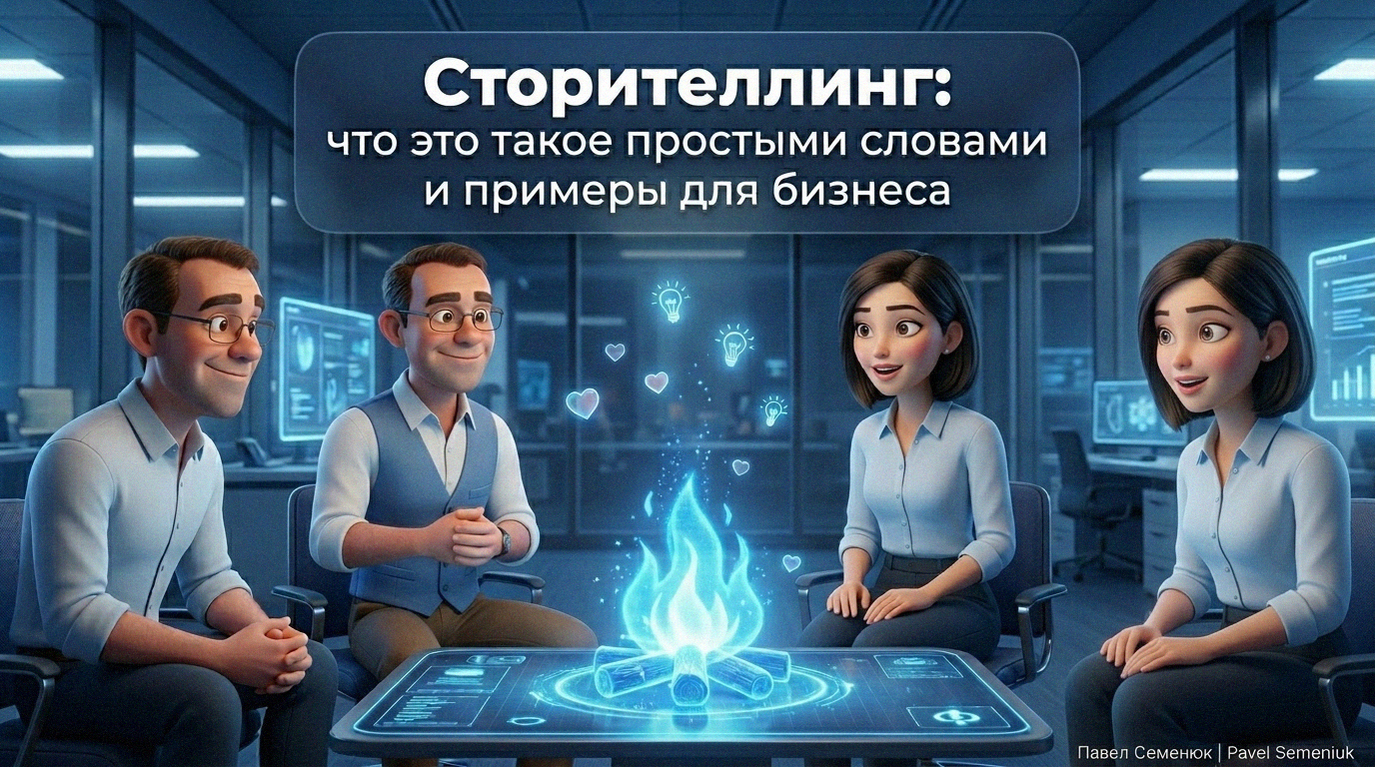 Мужчина в стиле 3D-анимации рассказывает историю коллегам вокруг цифрового голографического костра в современном офисе.