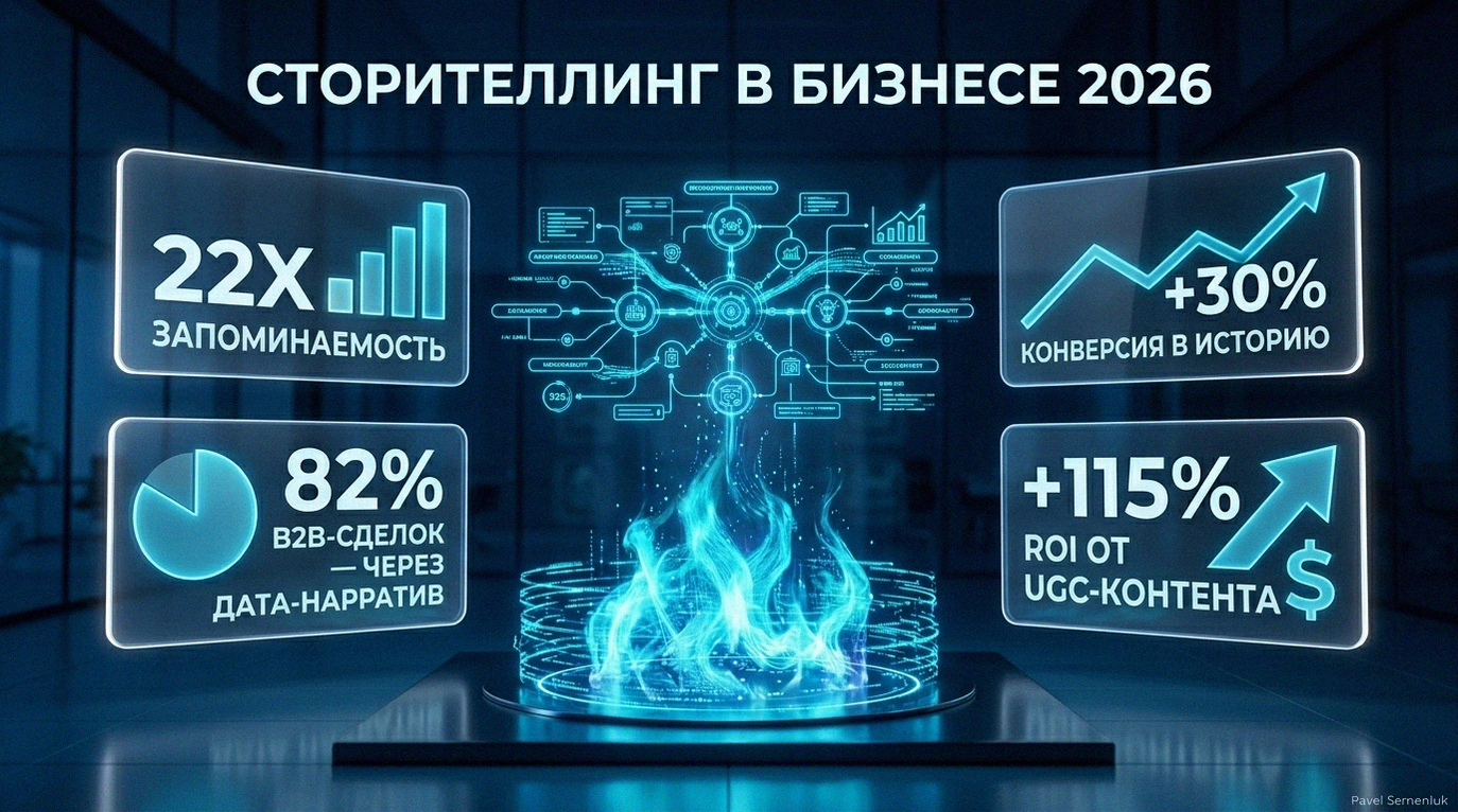 3D-инфографика о влиянии сторителлинга на бизнес-показатели в 2026 году: рост конверсии, ROI и запоминаемости бренда