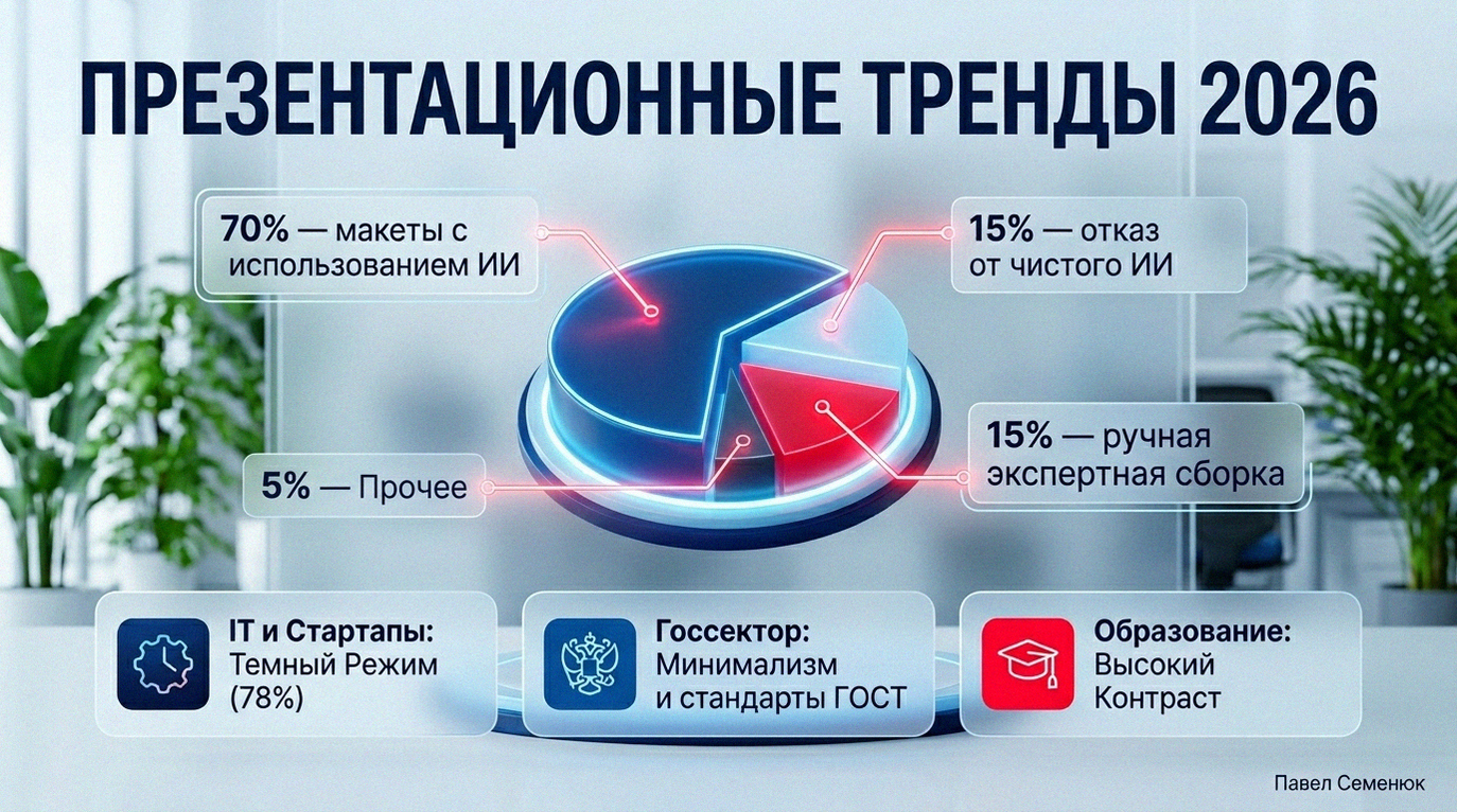 Современная 3D-инфографика в стиле глассморфизм, отображающая статистику использования ИИ в презентациях и визуальные тренды 2026 года для IT и госсектора.