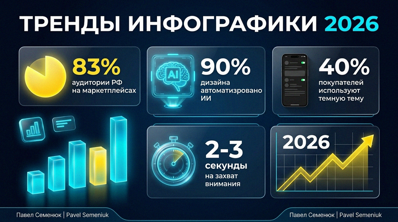 Футуристичный плакат с аналитикой трендов инфографики для маркетплейсов в 2026 году: ИИ-автоматизация, статистика аудитории и правила захвата внимания.