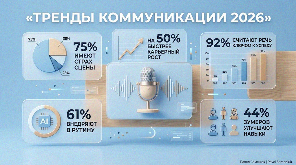 Современная 3D-инфографика с графиками и статистикой о развитии навыков речи, страхе сцены и влиянии коммуникаций на карьеру в 2026 году.
