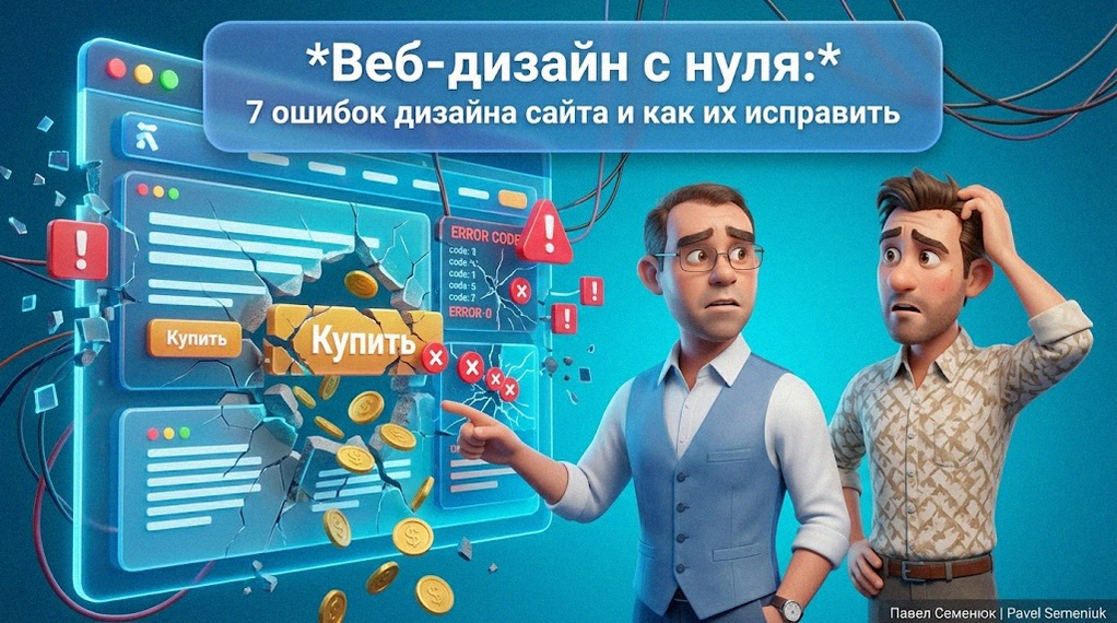 3D-иллюстрация в стиле мультфильма: специалист указывает на ошибки в интерфейсе сайта, из которого выпадают золотые монеты, символизируя потерю прибыли бизнеса.
