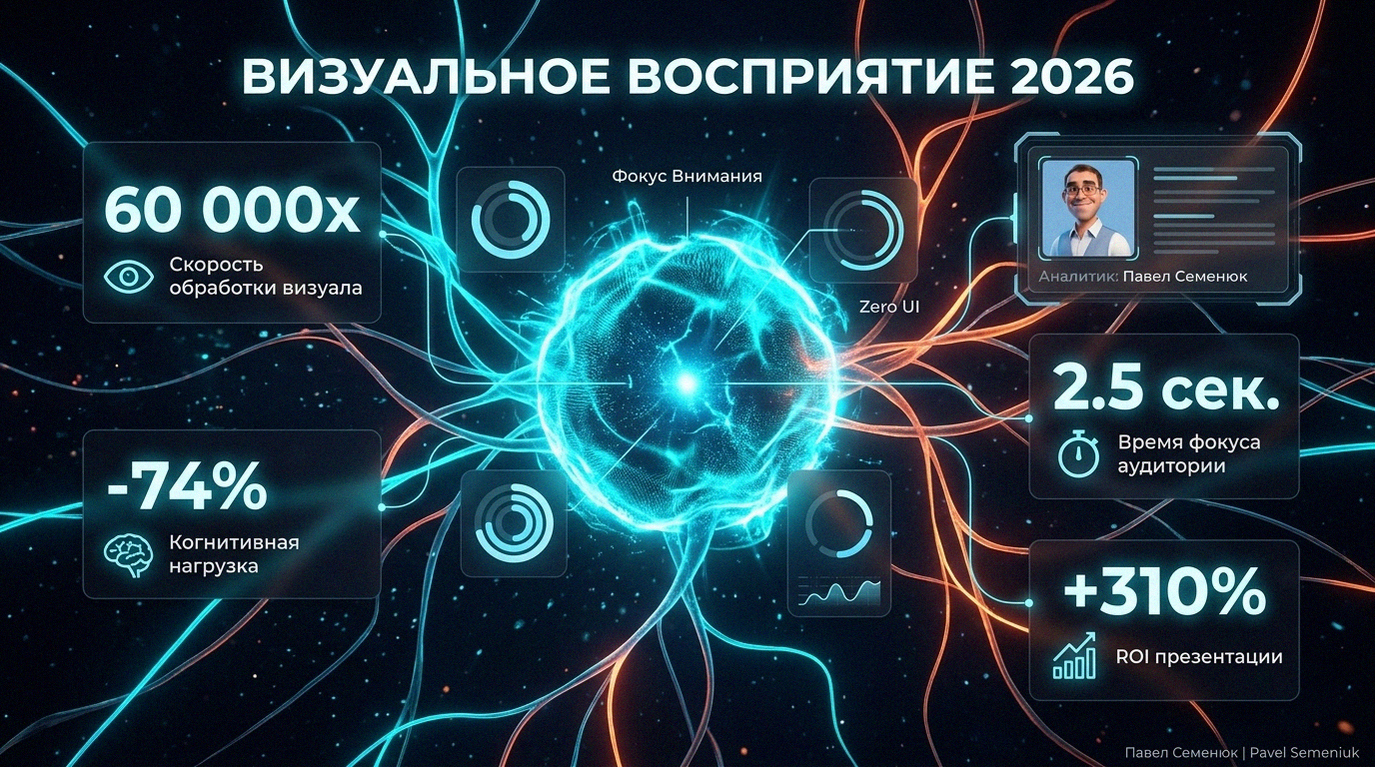 Футуристическая инфографика о трендах визуального восприятия и нейродизайна в России к 2026 году с показателями внимания и когнитивной нагрузки.