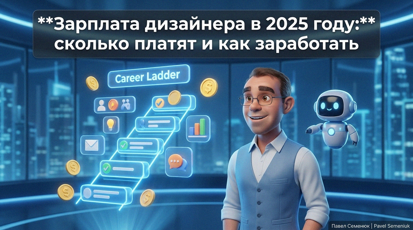 3D персонаж в стиле Pixar изучает голографическую лестницу карьеры дизайнера с золотыми монетами и роботом-помощником