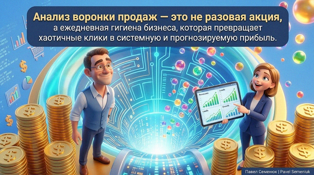 Презентации на заказ3D-иллюстрация: мужчина и девушка-ассистент с планшетом радуются результатам воронки продаж, которая превращает хаотичные сферы в стопки золотых монет
