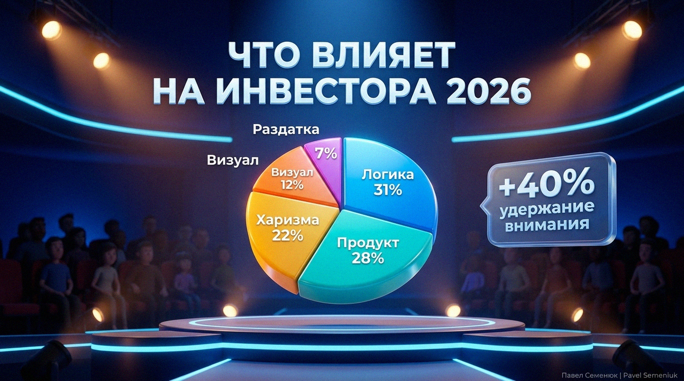 Объемная 3D круговая диаграмма на сцене, показывающая факторы влияния на решение инвестора в 2026 году: логика 31%, продукт 28%, харизма 22%, визуал 12% и раздаточные материалы 7%.