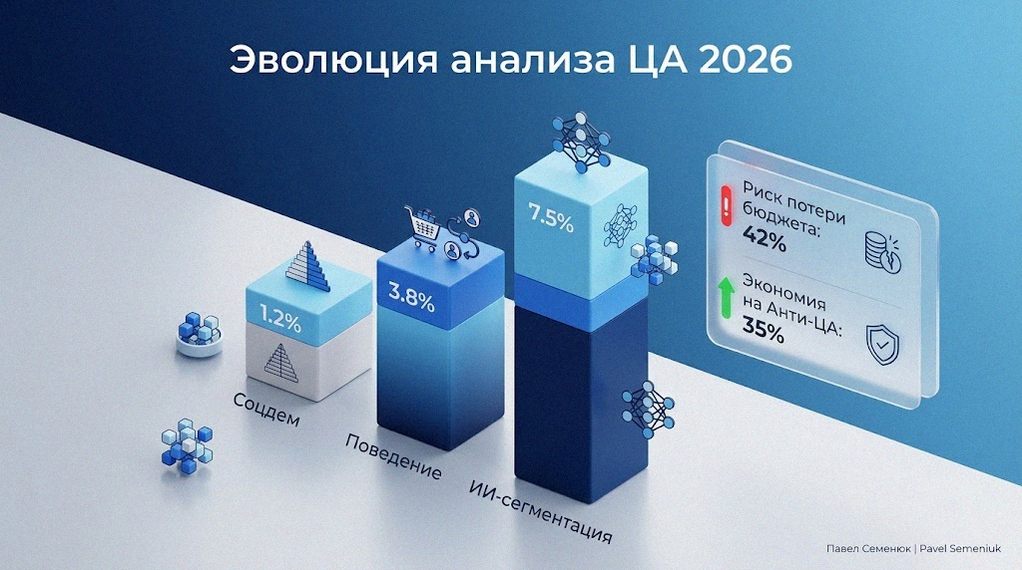 Инфографика 3D с графиком эволюции анализа ЦА: сравнение эффективности социально-демографического таргетинга, поведенческого и ИИ-сегментации