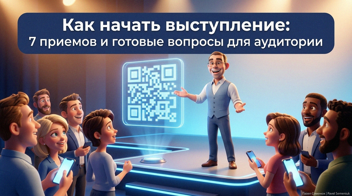Спикер на технологичной сцене представляет интерактивный QR-код перед аудиторией со смартфонами, тренды ораторского искусства 2026