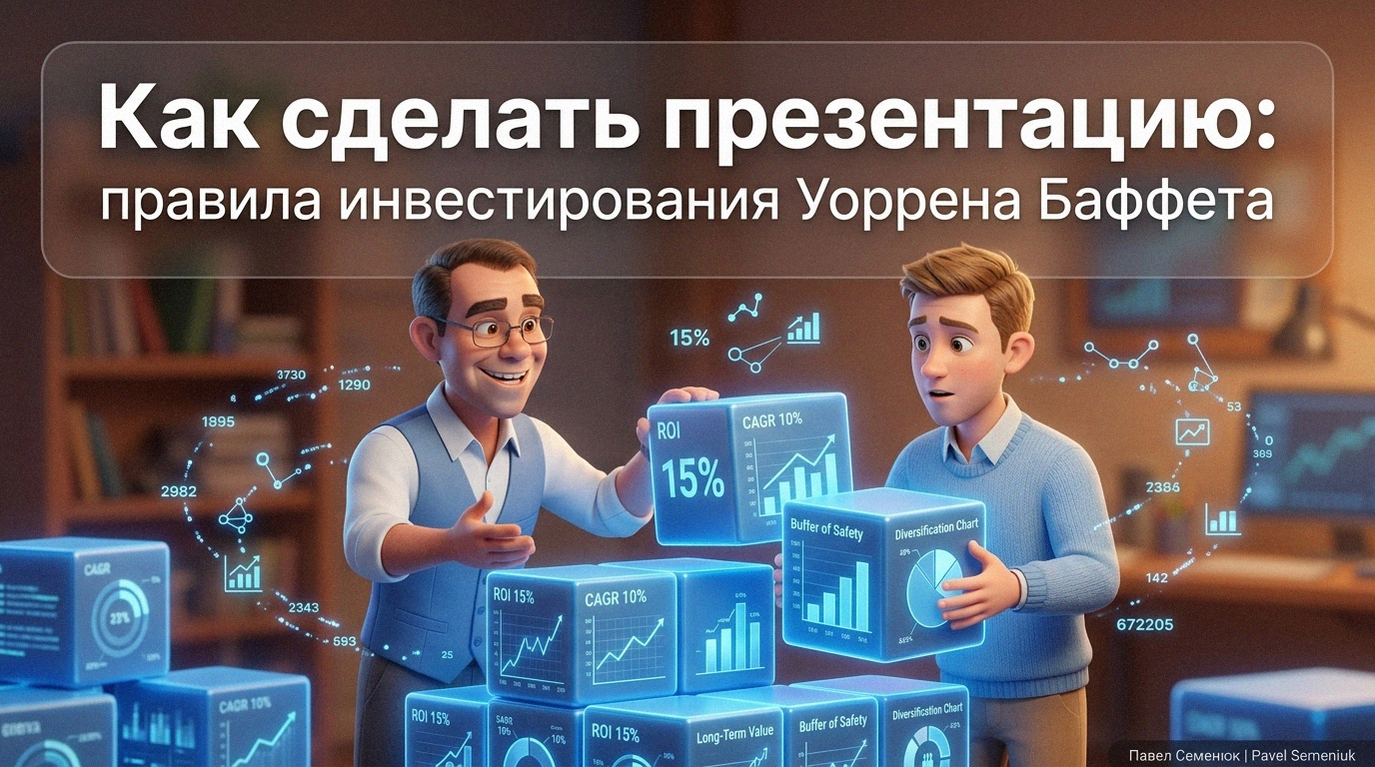 Два 3D-персонажа собирают структуру из светящихся синих блоков с финансовыми графиками под заголовком о правилах инвестирования