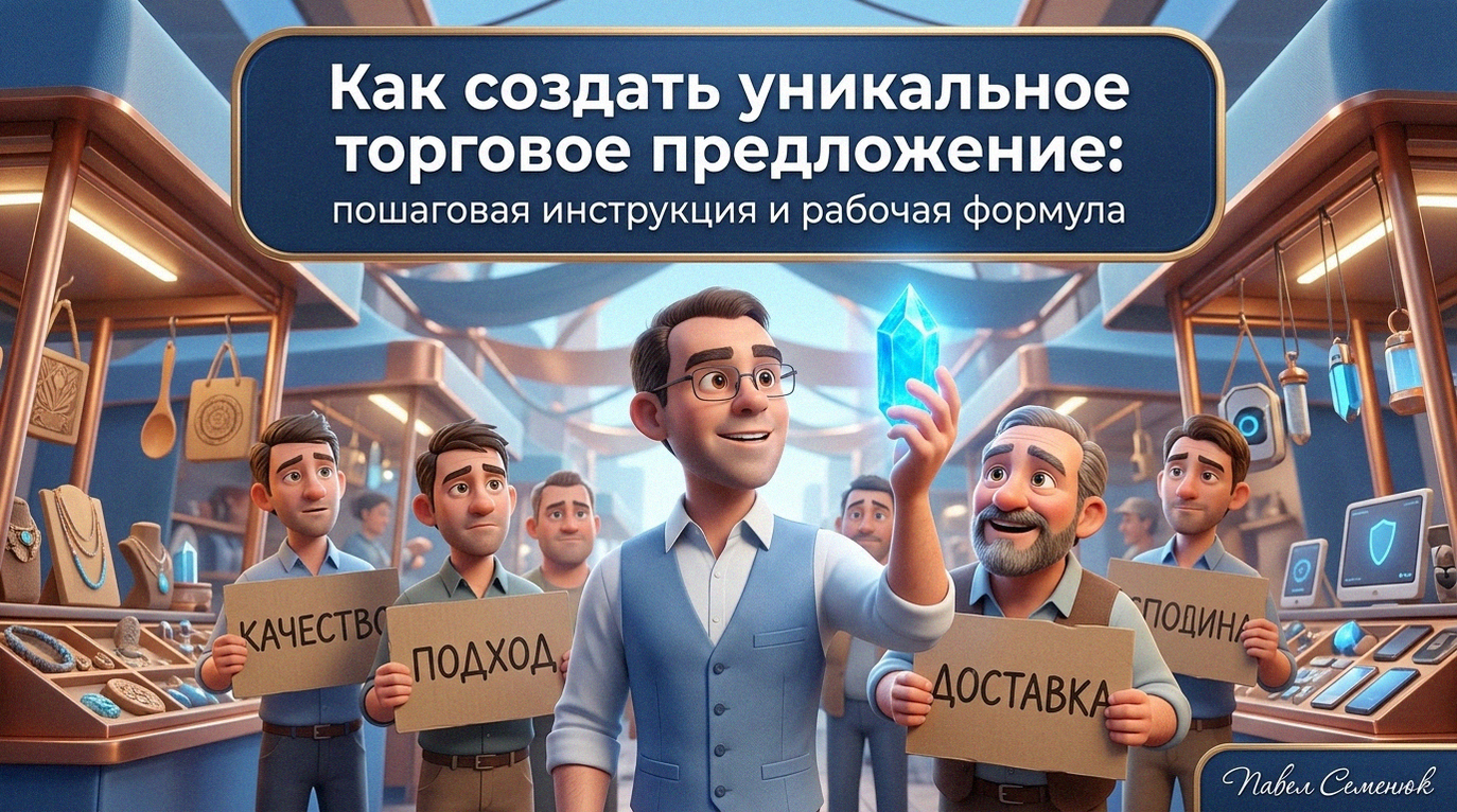 3D-иллюстрация: мужчина в деловом костюме и очках держит светящийся голубой кристалл на фоне растерянных продавцов с картонными табличками стандартных преимуществ.