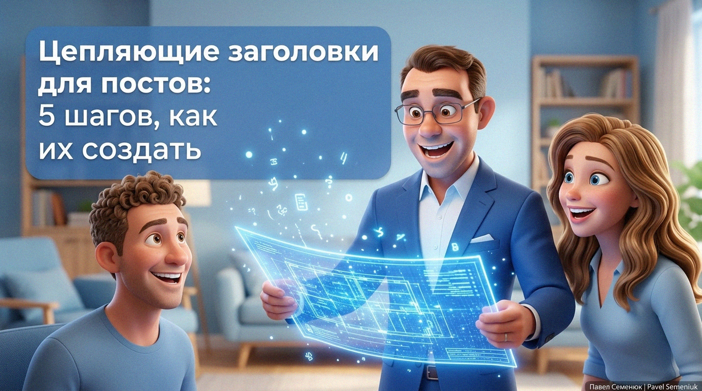 3D-иллюстрация: радостный мужчина в синем костюме и очках показывает двум коллегам светящийся цифровой чертеж. Слева расположена плашка с текстом: «Цепляющие заголовки для постов: 5 шагов, как их создать».