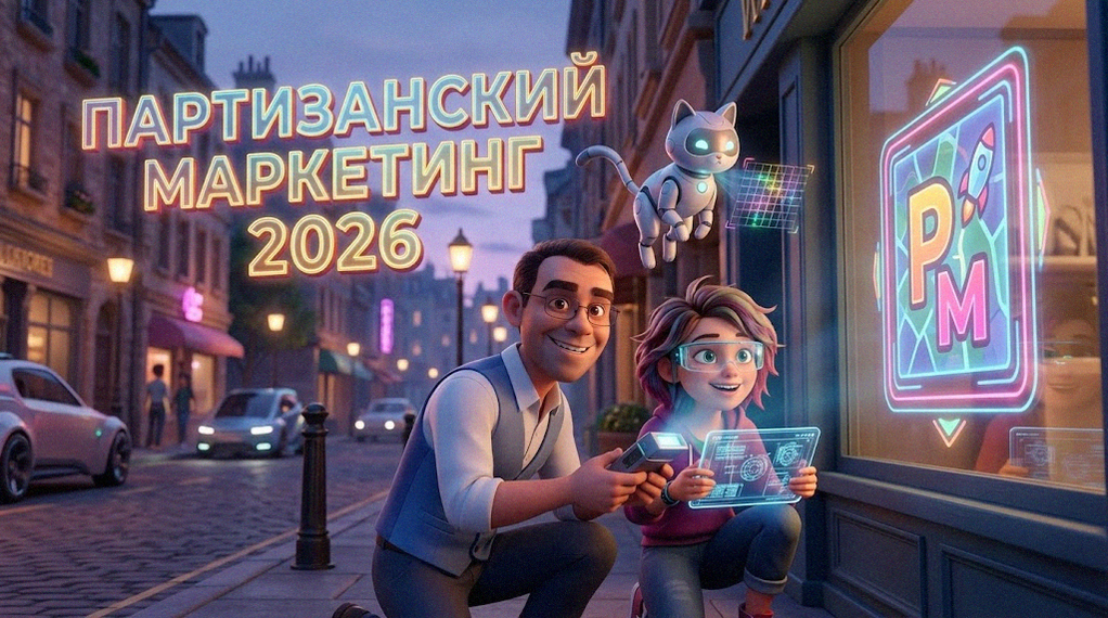 3D-иллюстрация в стиле Pixar: мужчина в очках, девушка-гик с планшетом и парящий ИИ-кот устанавливают голографическую AR-метку на витрину на неоновой улице, объемная надпись Партизанский маркетинг 2026
