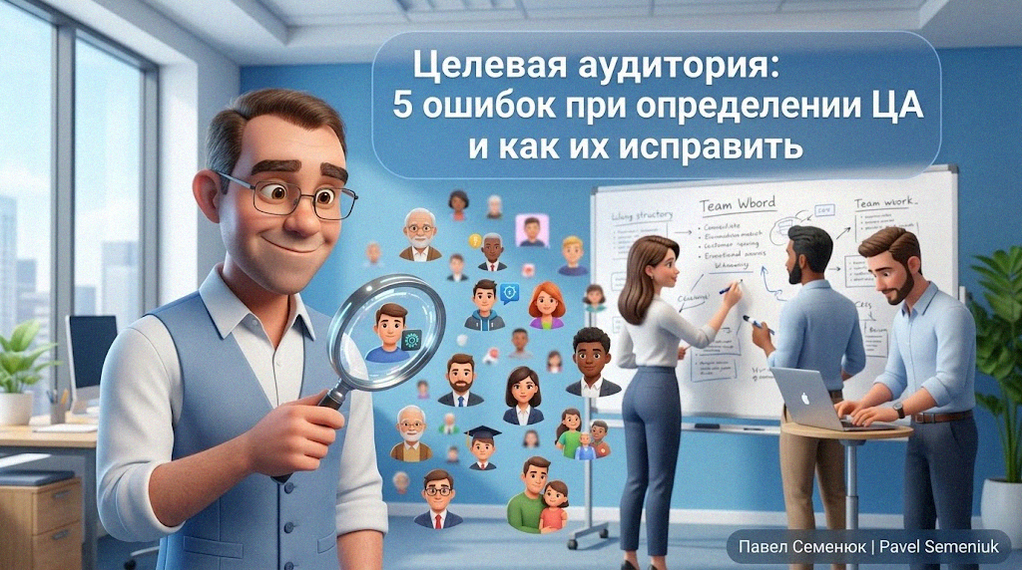 3D-персонаж в очках держит футуристическую лупу над облаком аватаров пользователей в офисном пространстве, на фоне коллеги работают у маркерной доски, сверху текстовый заголовок о пяти ошибках при определении целевой аудитории