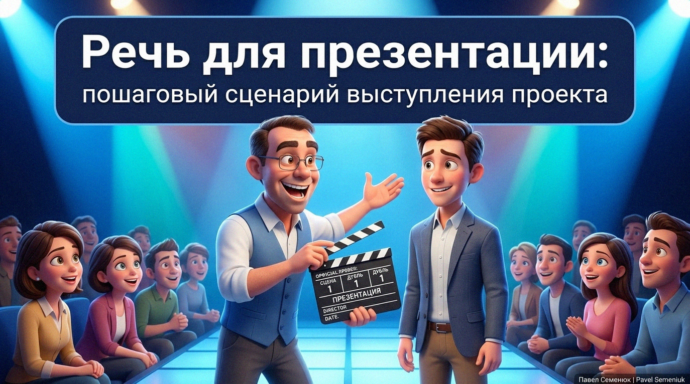 3D-иллюстрация: наставник с кинохлопушкой режиссирует выступление молодого стартапера на сцене перед внимательной аудиторией. На фоне текст с заголовком о сценарии презентации.