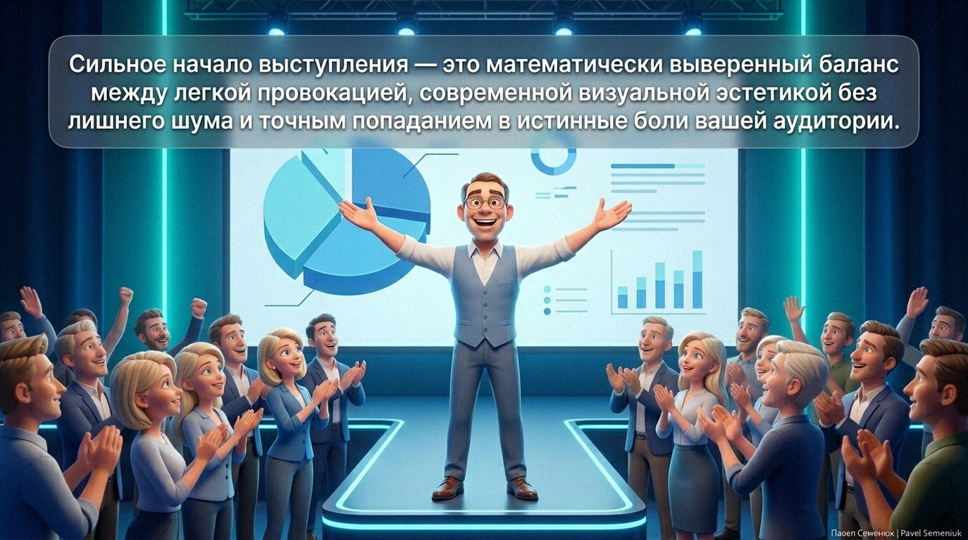 Презентации на заказ3D-персонаж спикер в очках и жилетке триумфально выступает на сцене перед аплодирующей аудиторией на фоне экрана с бизнес-графиками