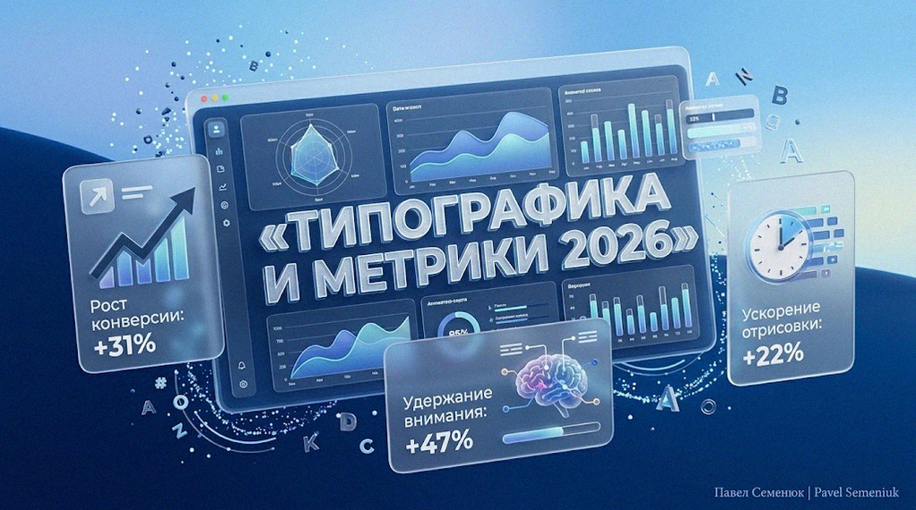 Современная 3D-инфографика в синих тонах с парящими дашбордами, графиками и текстом «ТИПОГРАФИКА И МЕТРИКИ 2026»