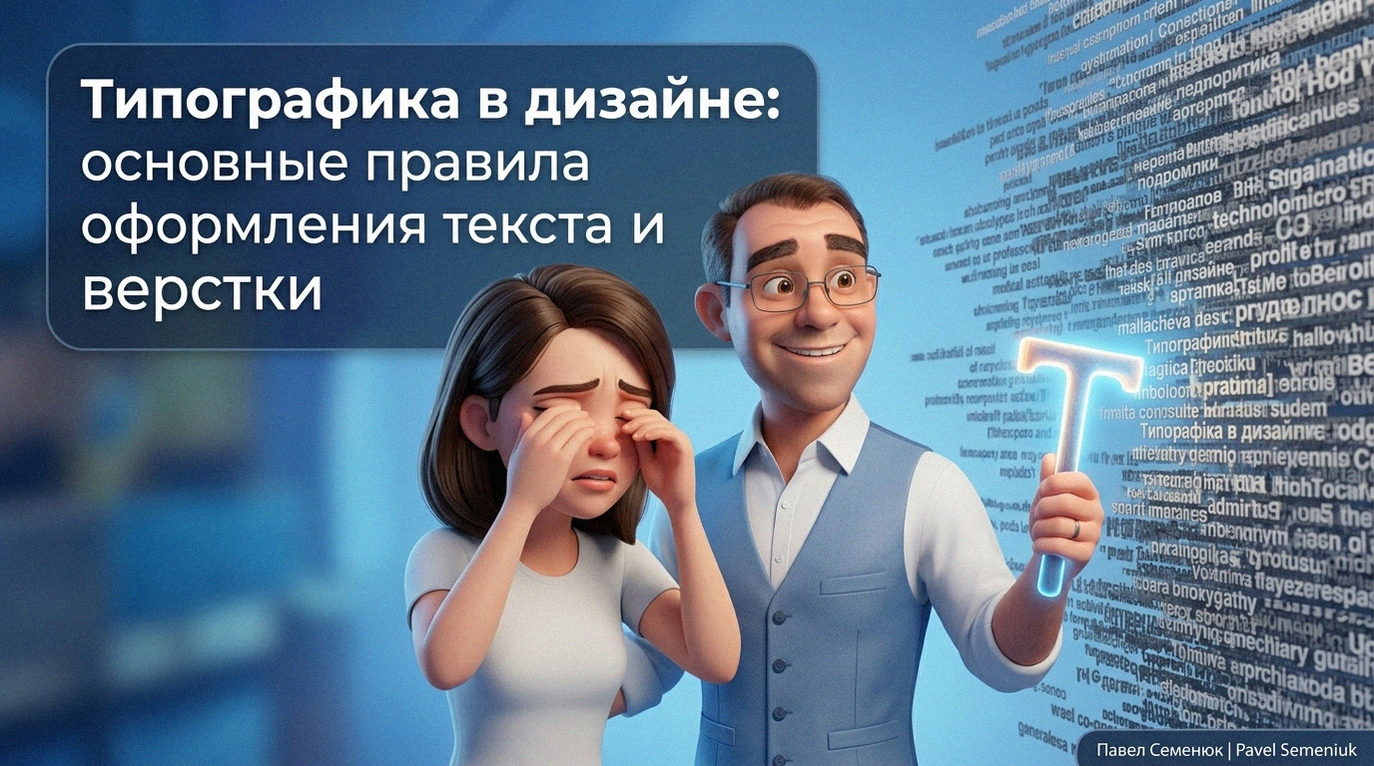 3D-иллюстрация: уставшая от хаотичного текста девушка трет глаза, а рядом стоит улыбающийся мужчина, держащий светящийся инструмент в форме буквы Т