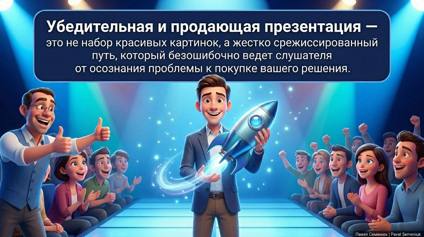 Презентации на заказ3D-иллюстрация: спикер на сцене держит светящуюся ракету перед радующейся аудиторией, мужчина в синей жилетке показывает большой палец вверх, сверху текст об убедительной презентации