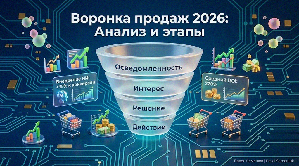 3D-инфографика воронки продаж 2026 года, демонстрирующая уровни: Осведомленность, Интерес, Решение, Действие, с элементами аналитики и данными о влиянии ИИ на фоне микросхем