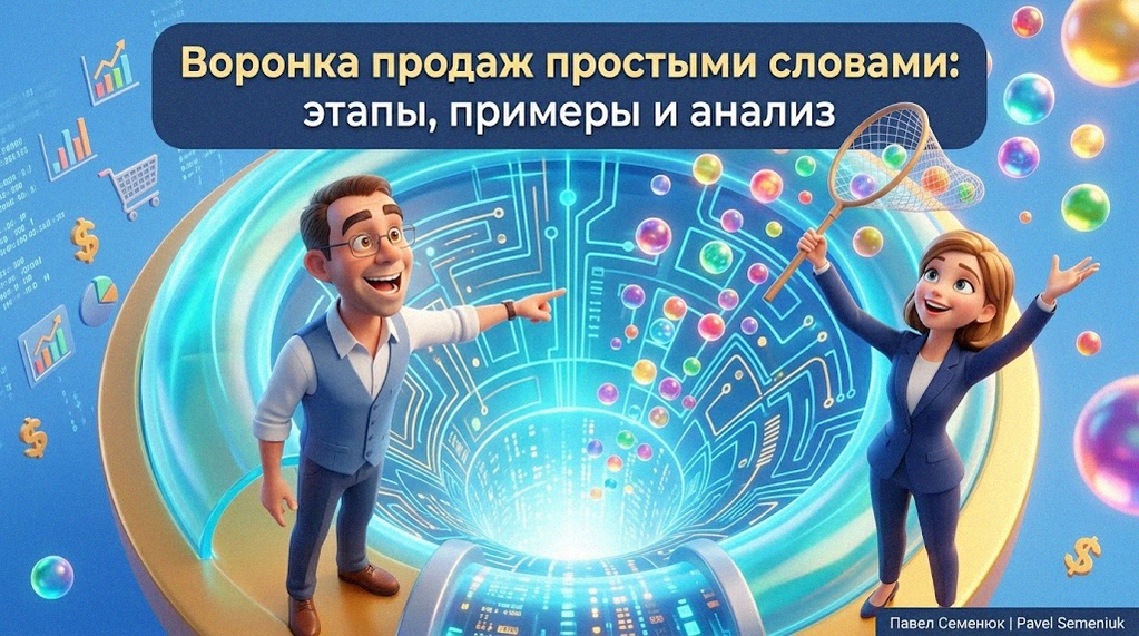 3D-иллюстрация с текстом «Воронка продаж простыми словами: этапы, примеры и анализ». Радостный мужчина в очках и улыбающаяся женщина в деловом костюме стоят у огромной сияющей голубой воронки. Женщина ловит сачком яркие летящие сферы, которые символизируют трафик.
