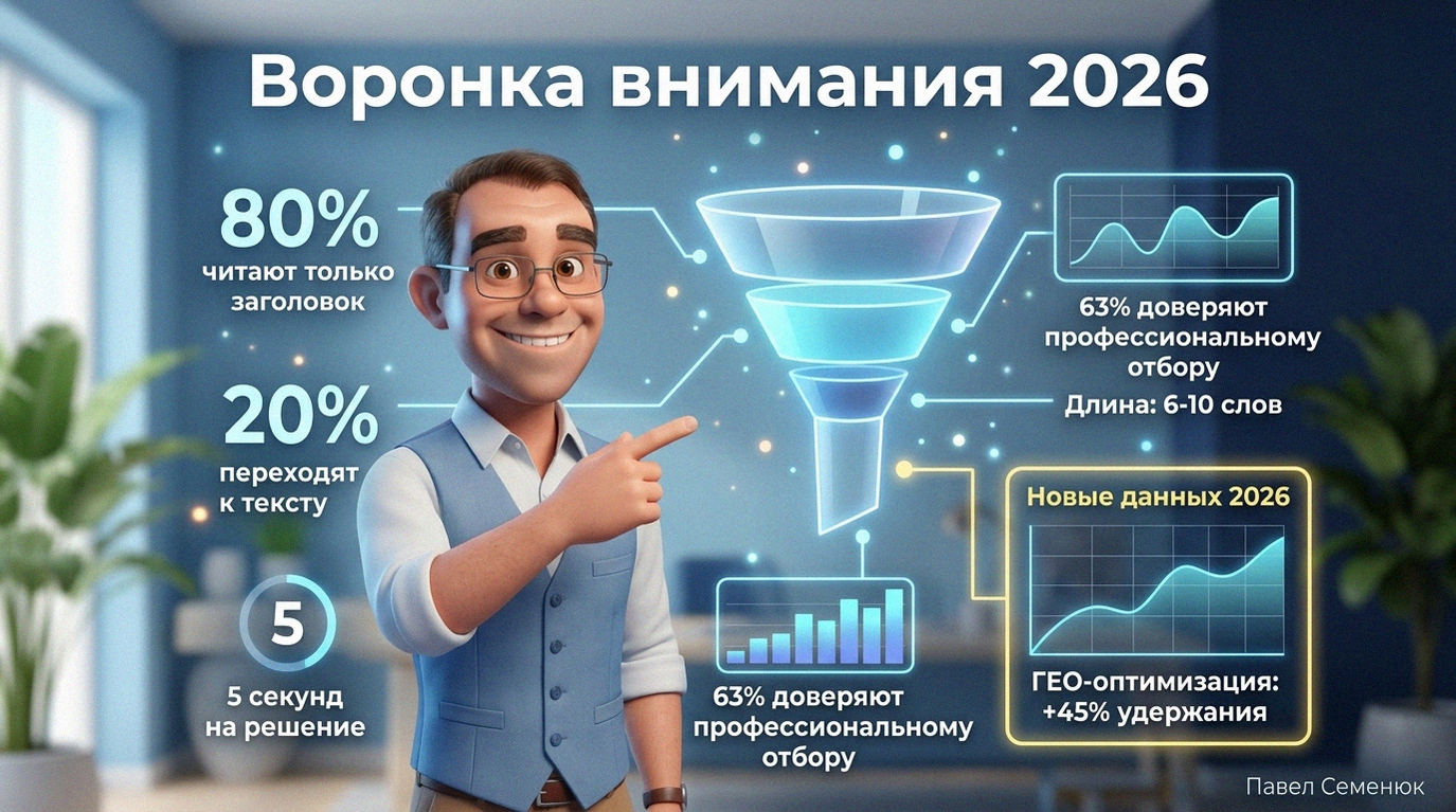 3D-инфографика в стиле Pixar: улыбающийся мужчина в очках указывает на светящуюся голографическую воронку. На схеме отображена статистика контент-маркетинга 2026 года: 80% читают только заголовок, 5 секунд на решение, данные по GEO-оптимизации и оптимальной длине текста. Фон — уютный современный офис в синих тонах.