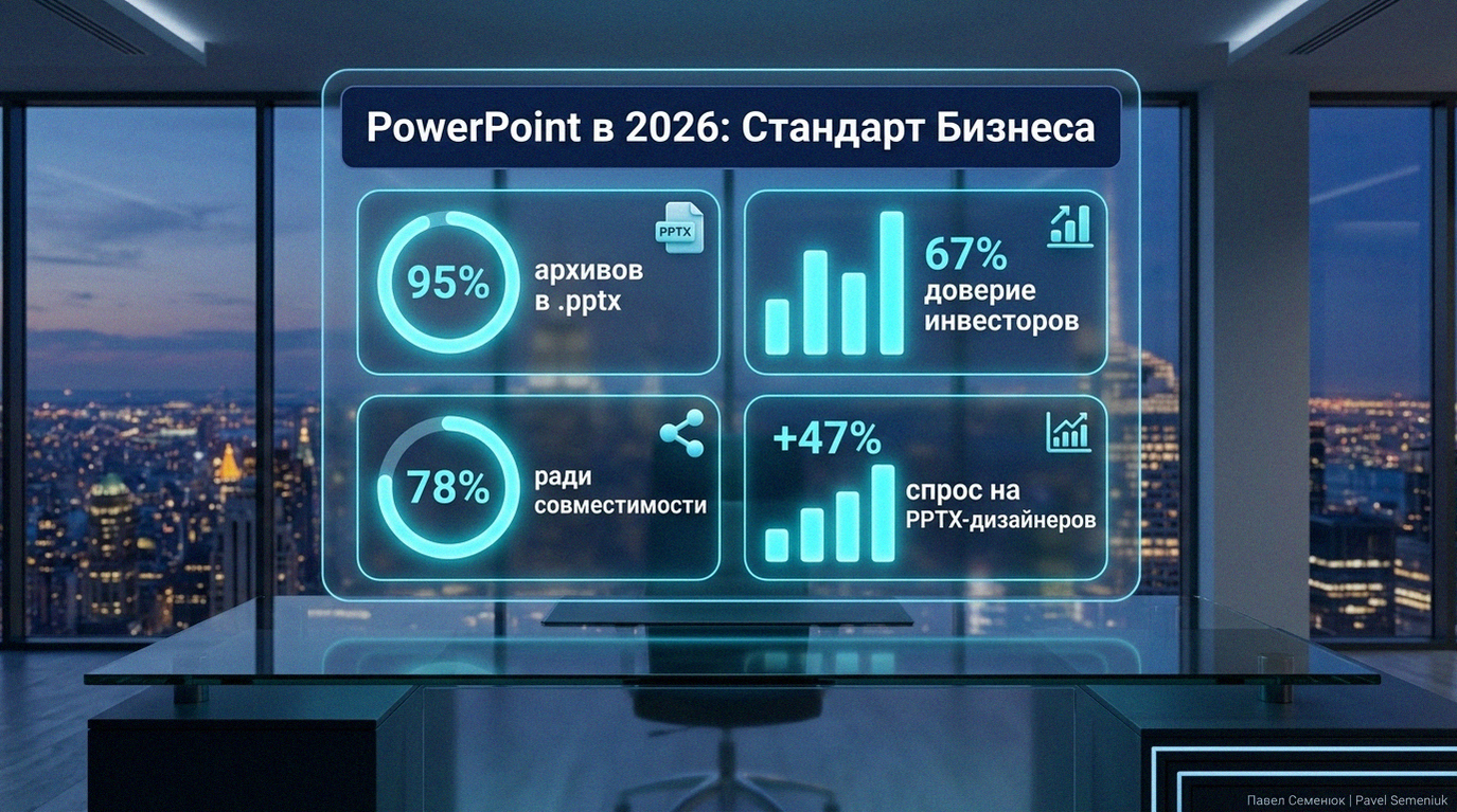 Футуристическая голографическая 3D-инфографика со статистикой преимуществ PowerPoint, парящая над стеклянным офисным столом на фоне вечернего города