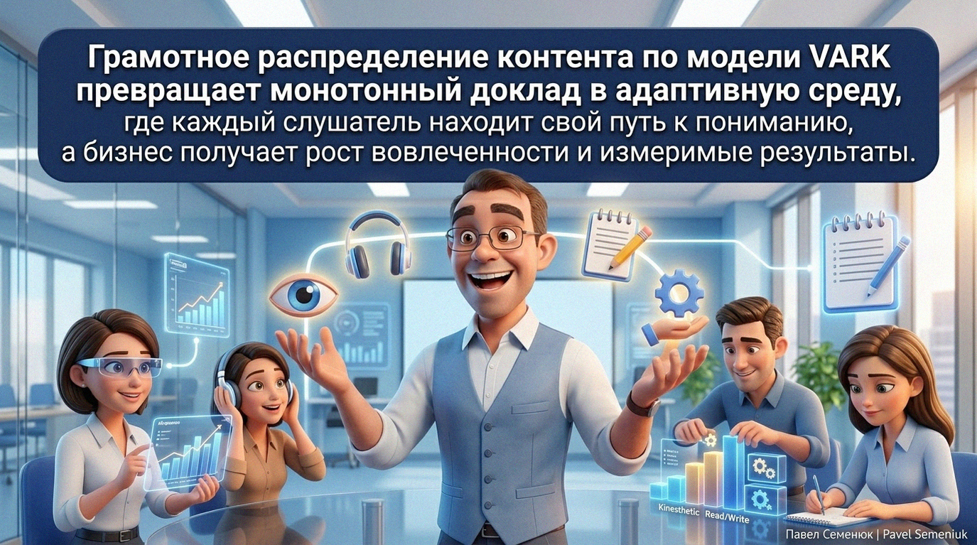 Презентации на заказ3D-иллюстрация: улыбающийся мужчина в очках проводит презентацию в современном офисе. Вокруг него коллеги с интересом усваивают информацию разными способами: через AR-очки, наушники, интерактивные 3D-графики и записи в блокнот. Сверху текст о пользе модели VARK.