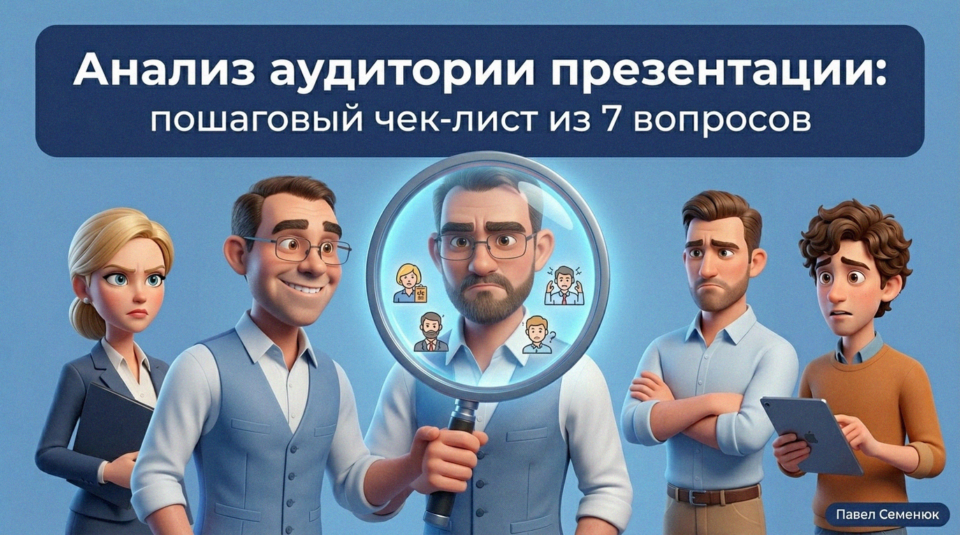 3D-персонаж в образе дружелюбного детектива-аналитика с высокотехнологичной лупой изучает различные типы слушателей перед выступлением. Вверху крупный белый текст на синем фоне: Анализ аудитории презентации: пошаговый чек-лист из 7 вопросов.