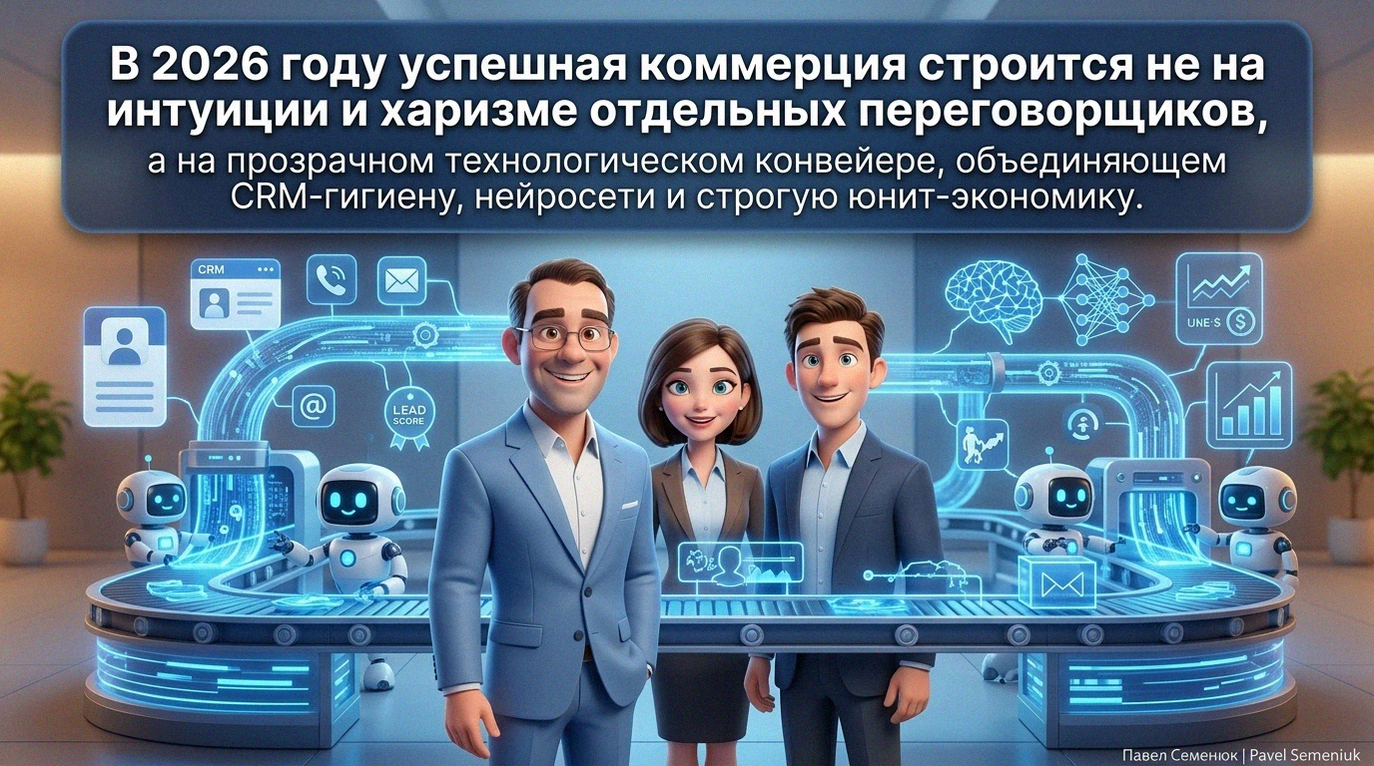 Презентации на заказ3D-иллюстрация: уверенный мужчина в очках и синем костюме стоит со своей командой на фоне футуристического синего конвейера с милыми роботами-помощниками и иконками CRM. В верхней части плашка с текстом о будущем коммерции в 2026 году с использованием нейросетей.