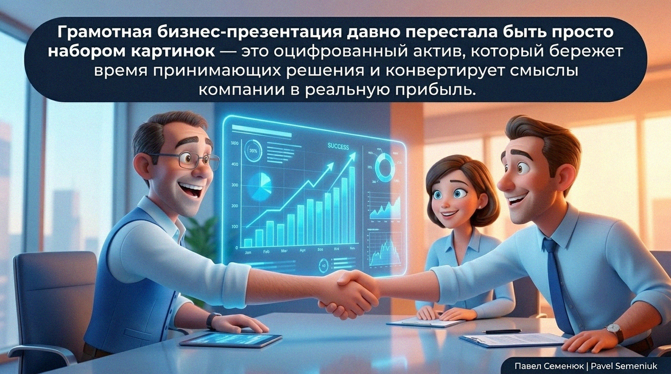 Презентации на заказ3D-иллюстрация: радостный мужчина в очках пожимает руку инвестору на фоне светящегося интерактивного экрана с растущими графиками. В верхней части расположен текст о роли бизнес-презентации в конвертации смыслов компании в прибыль.