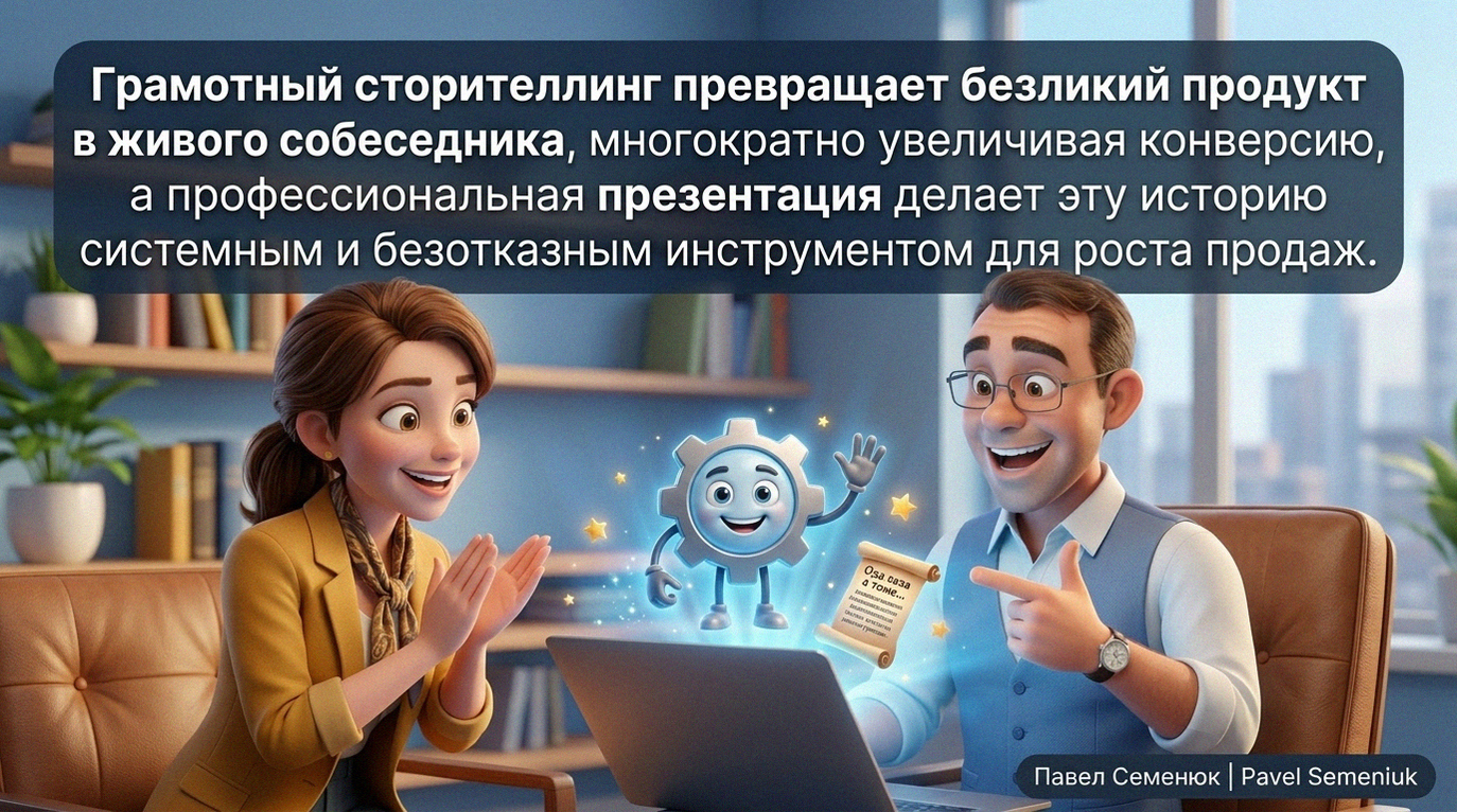 Презентации на заказ3D-иллюстрация: радостный мужчина в очках презентует голограмму ожившего продукта из ноутбука восторженной клиентке. Сверху текст о сторителлинге и конверсии.