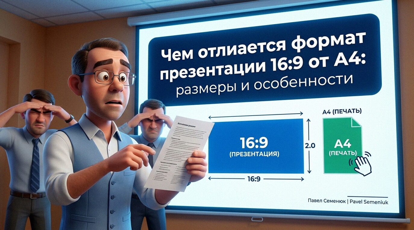 3D-иллюстрация: сравнение форматов презентации 16:9 и А4. Озадаченный мужчина в деловой одежде и очках держит вертикальный лист А4 перед широким экраном проектора, на котором написан заголовок об отличиях форматов. На заднем плане коллеги щурятся, глядя на экран.