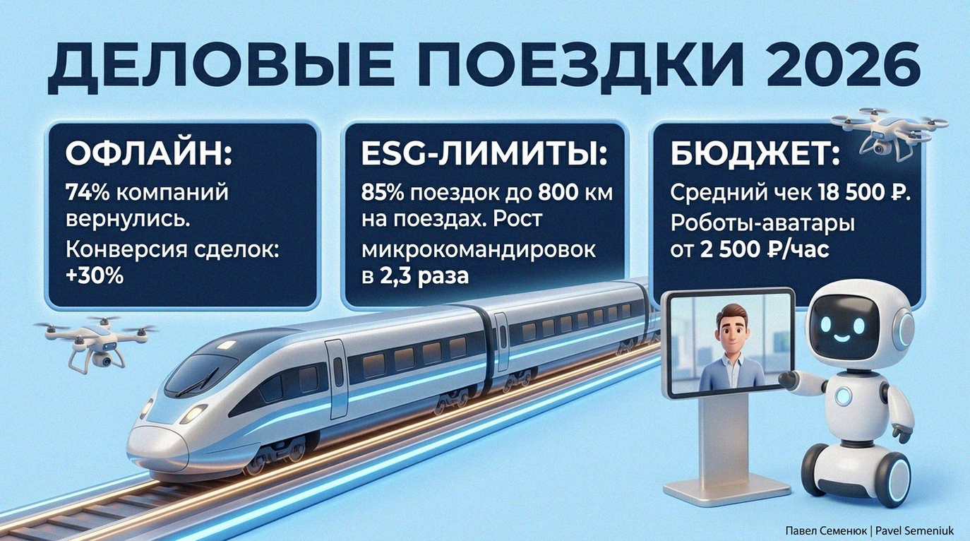 3D-инфографика о трендах деловых поездок и командировок в 2026 году. Иллюстрация включает современный скоростной поезд, робота телеприсутствия, дроны и аналитические панели с данными об офлайн-встречах, ESG-лимитах и бюджетах.