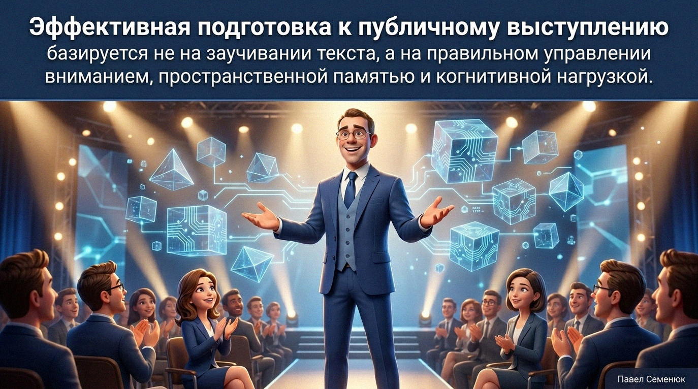 Презентации на заказУверенный спикер в деловом костюме выступает на ярко освещенной сцене перед аплодирующей аудиторией. Вокруг парят светящиеся 3D-фигуры. Текст: Эффективная подготовка к публичному выступлению