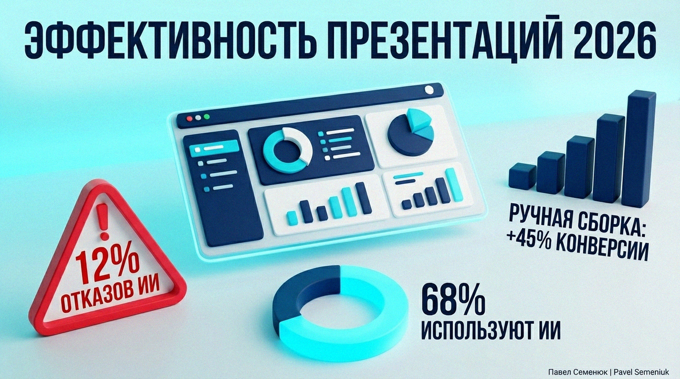 Современная 3D-инфографика с главным заголовком 'ЭФФЕКТИВНОСТЬ ПРЕЗЕНТАЦИЙ 2026'. На изображении представлены цифровой дашборд, красный предупреждающий знак с текстом '12% ОТКАЗОВ ИИ', синяя столбчатая диаграмма 'РУЧНАЯ СБОРКА: +45% КОНВЕРСИИ' и светящаяся голубая круговая диаграмма '68% ИСПОЛЬЗУЮТ ИИ'.