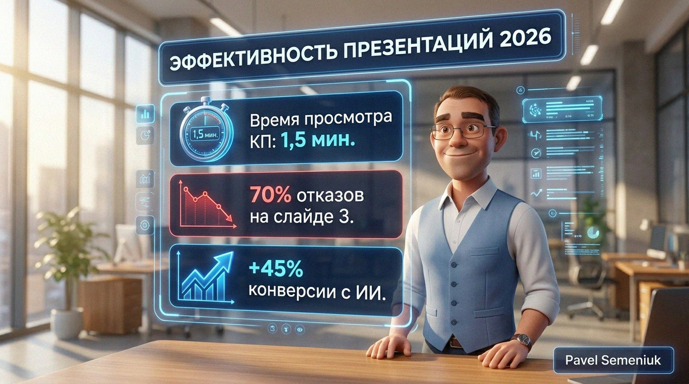 3D-персонаж в очках и деловой одежде рядом с парящим голографическим дашбордом. На экране статистика эффективности презентаций со значениями конверсии и отказов в современном офисе.