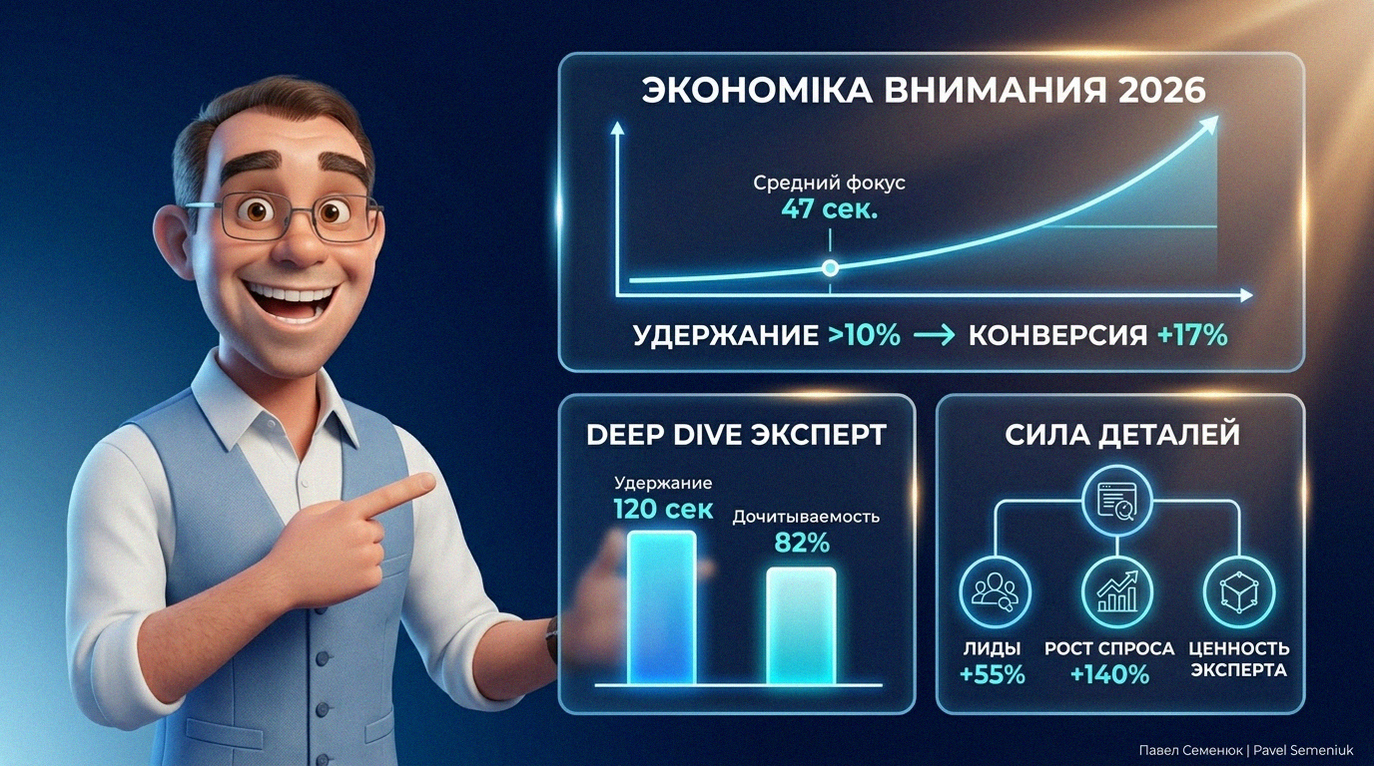 Инфографика в 3D-стиле: харизматичный спикер в очках указывает на светящиеся графики удержания внимания аудитории и роста конверсии за счет деталей выступления