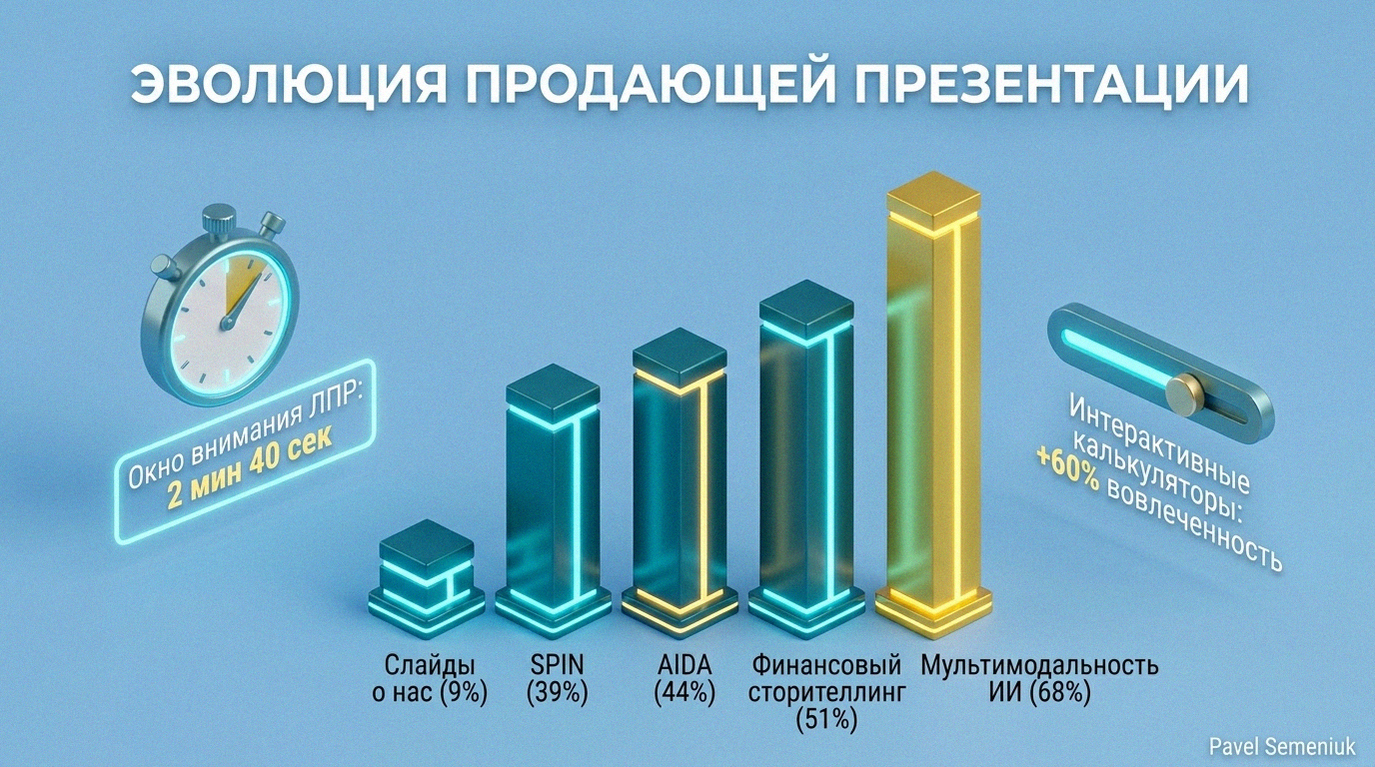 3D-инфографика Эволюция продающей презентации. Столбчатая диаграмма роста конверсии от классических слайдов к AI-мультимодальности. Секундомер внимания ЛПР и ползунок вовлеченности на голубом фоне.