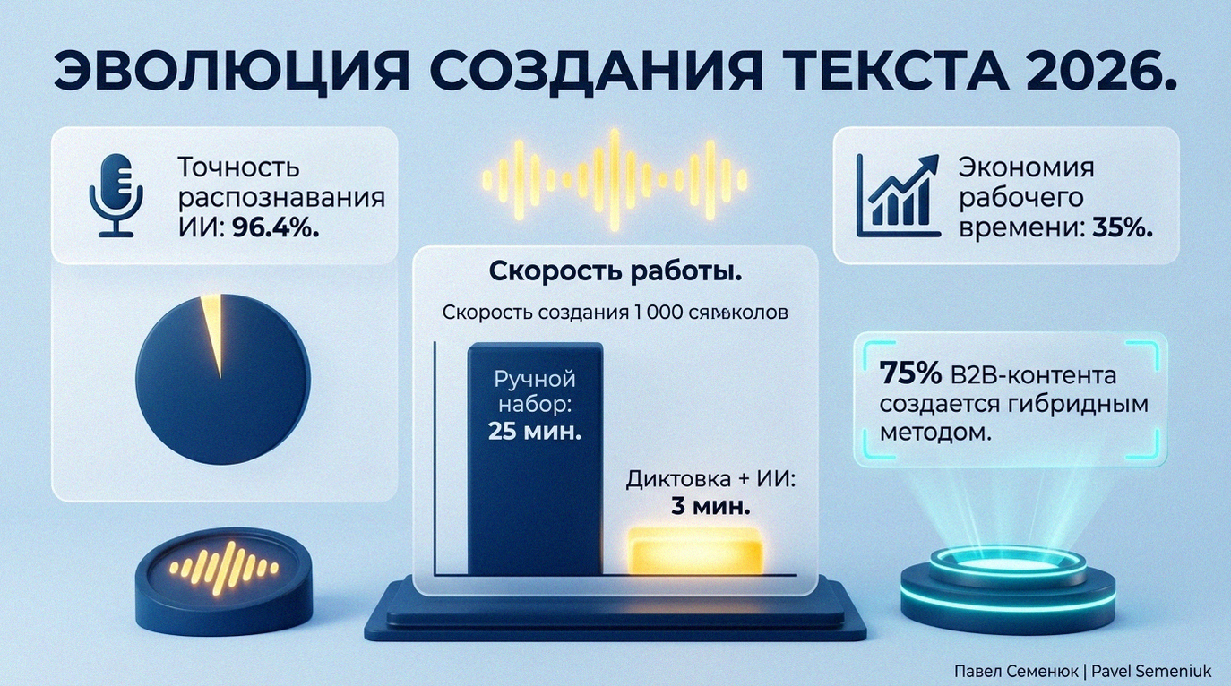 Современная 3D инфографика на тему эволюции создания текста в 2026 году. Дашборд показывает сравнение скорости ручного набора и работы ИИ под диктовку, точность распознавания 96.4% и экономию рабочего времени 35%.