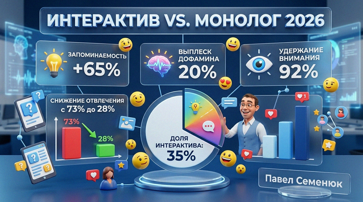 3D-инфографика в стиле глассморфизм на тему интерактивных презентаций. Стеклянные панели со статистикой, круговые диаграммы, эмодзи и персонаж-спикер на синем фоне.