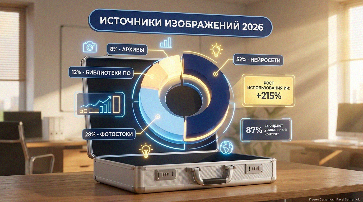 Современная 3D-инфографика со статистикой источников изображений для презентаций на 2026 год, парящая над открытым серебристым кейсом